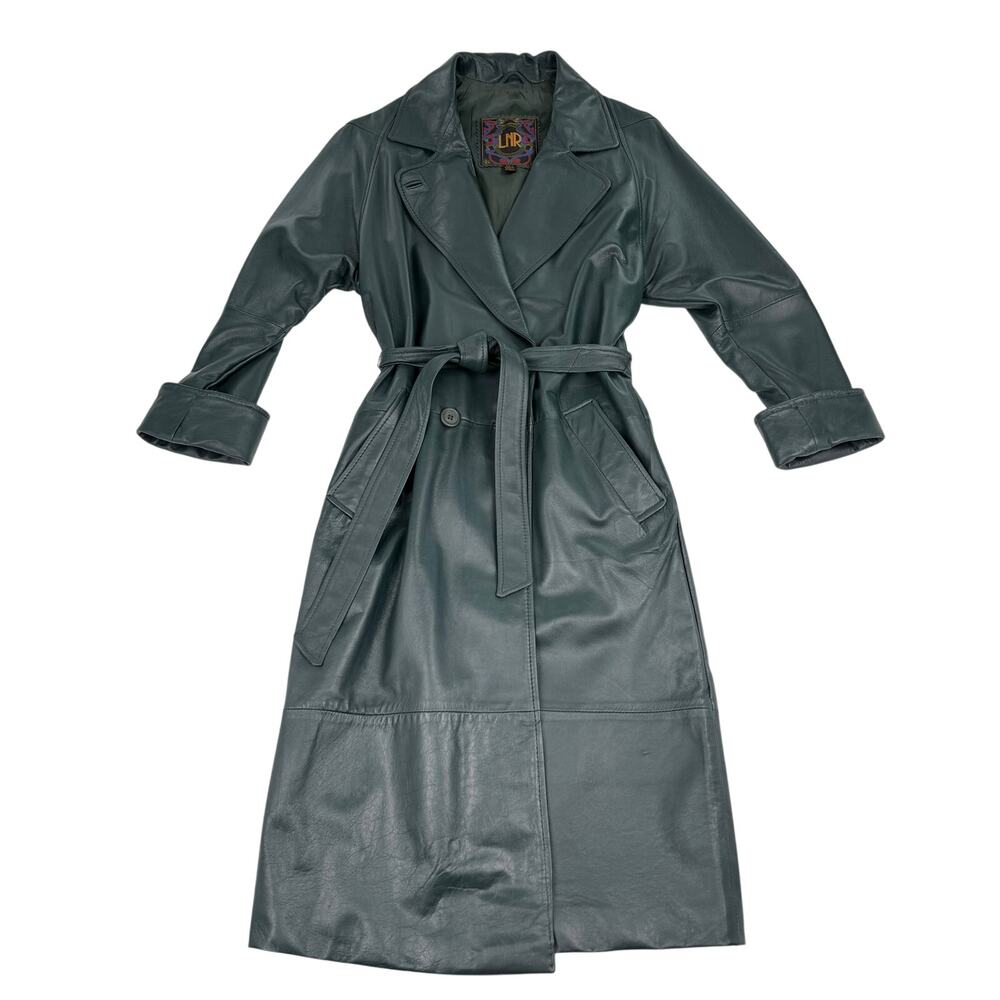 LNR Genuine Leather Trench Coat Belted Long Dark Green Vintage 90s Minimal